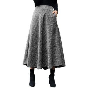 Womens Black&white Elastic Waist A-Line Pleated Tartan Long Plaid Wool Skirts